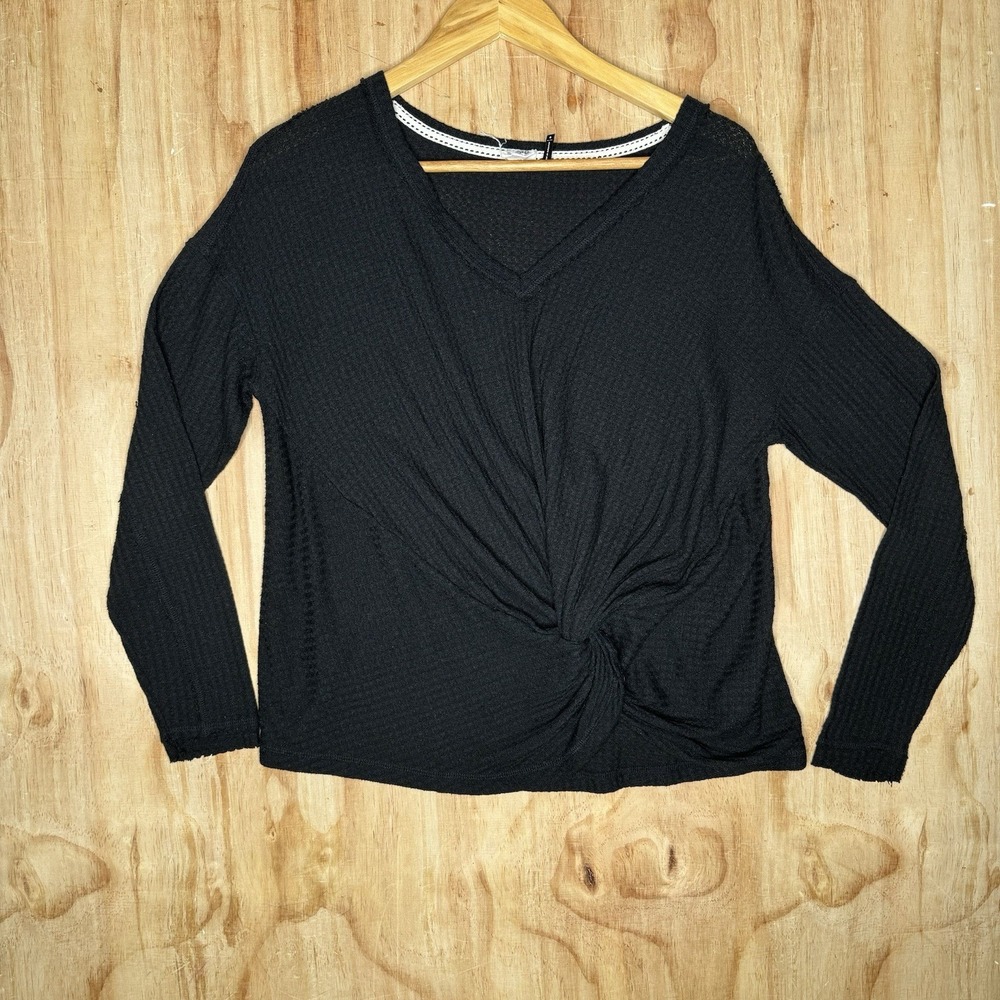 Anthropologie Akemi + Kin Black Waffle Knit V-neck Twist Knot Top Oversized‎ S